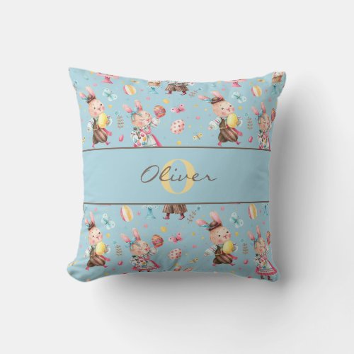 Name  Initial Vintage Blue Easter 16x16 Throw Pillow