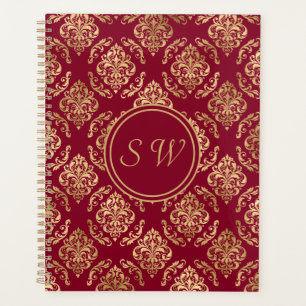 Name Initials Gold Damask On Burgundy Wedding  Planner
