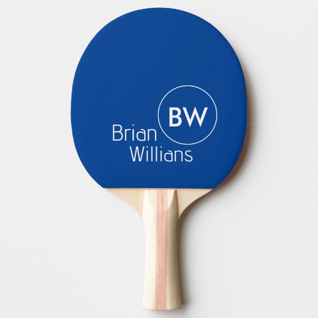 Name & Initials Monogram on color BLUE Ping Pong Paddle (Front)