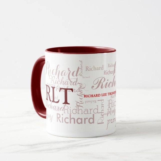 name & initials personalized typography maroon mug (Front Left)
