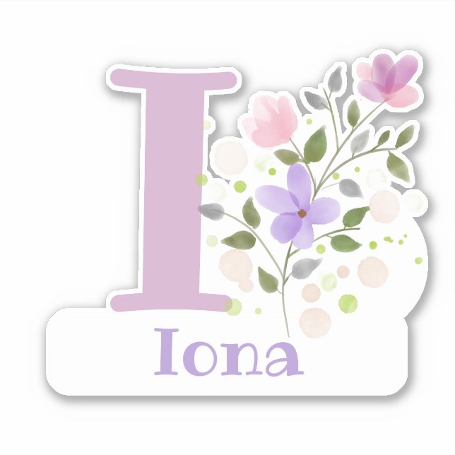 Name Iona & Initial with Floral Design Sticker (Front)