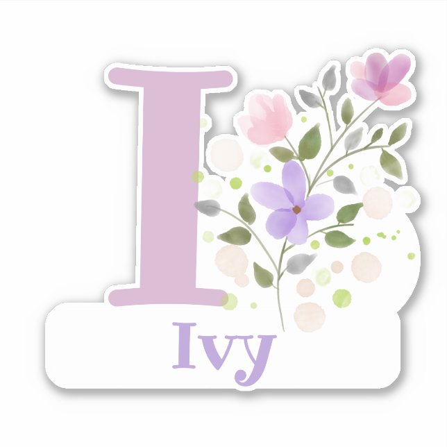 Name Ivy & Initial with Floral Design Sticker (Front)