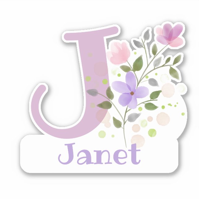 Name Janet & Initial with Floral Design Sticker (Front)