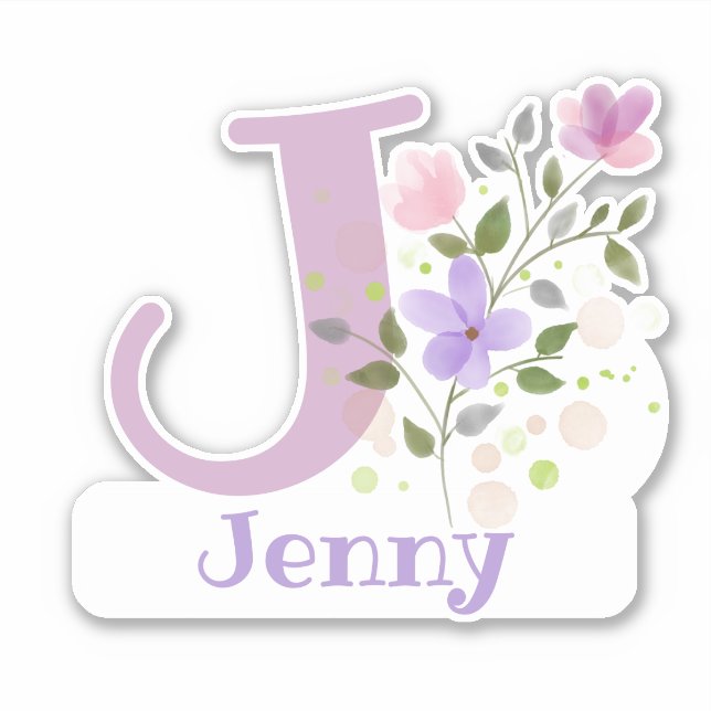 Name Jenny plus Initial with Floral Design Sticker (Front)
