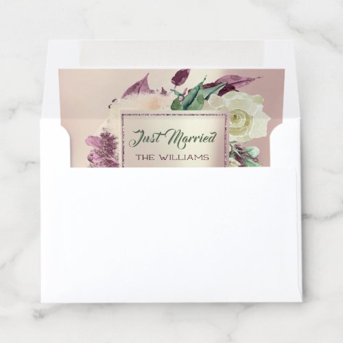 Name Just Married  Marsala Green Blush Rose Envelope Liner