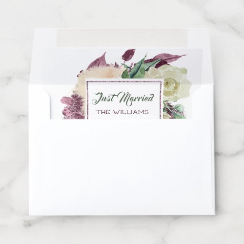 Name Just Married  Marsala Green White Rose Envelope Liner