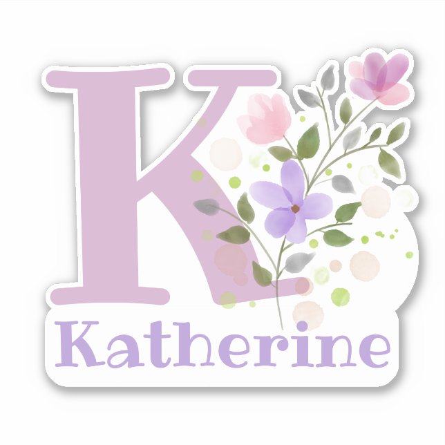 Name Katherine plus Initial with Floral Design Sticker (Front)