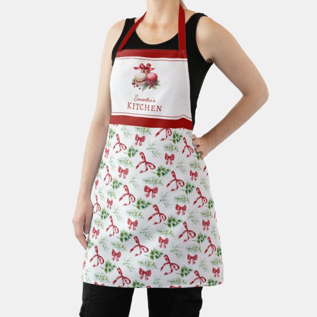  Name Kitchen Christmas Bow Greenery Pattern Apron (Insitu)