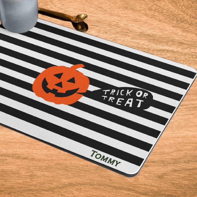 Name Laminated Black White Stripe Smiling Pumpkin Placemat (Creator Uploaded)