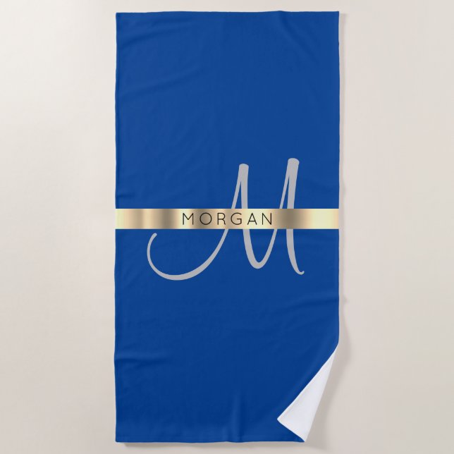 Name & Large Monogram, Grey Deep Blue & Gold Beach Towel (Front)