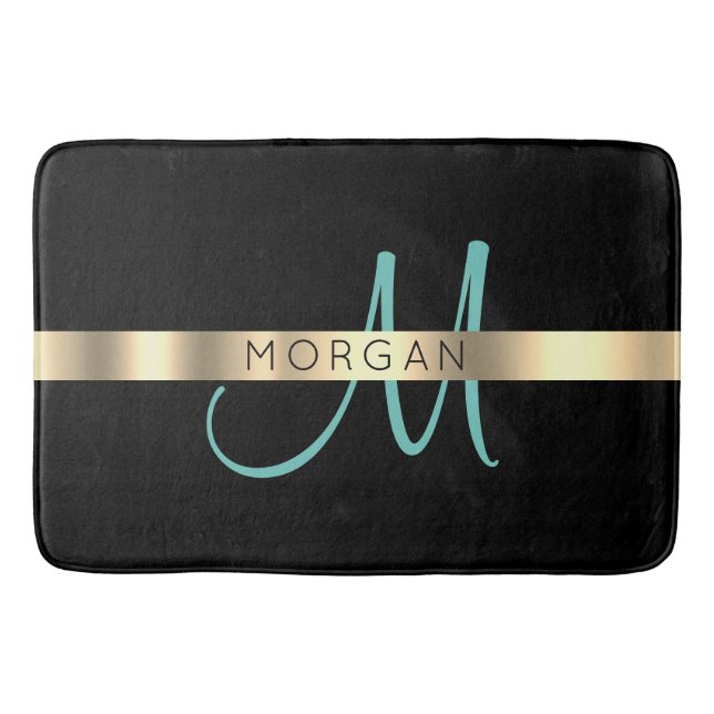 Name & Large Monogram, Light Teal Black Gold Bath Mat (Front)