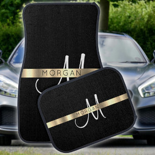 Name & Large Monogram, White Black Gold Car Floor Mat