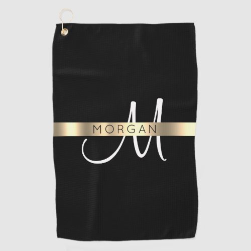 Name  Large Monogram White Black Gold Golf Towel