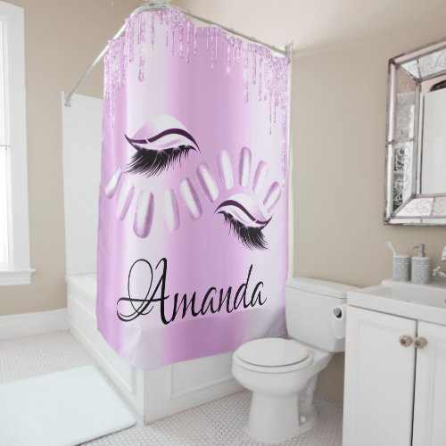 Name Lashes Glitter Drips Pinky Rose Girly Nails Shower Curtain