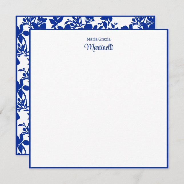 Name Last Name Chic Blue Floral Pattern Note Card (Front/Back)
