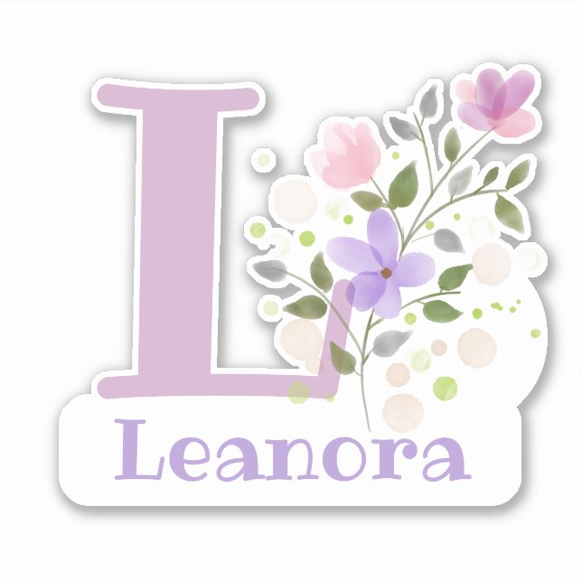 Name Leanora & Initial with Floral Design Sticker (Front)
