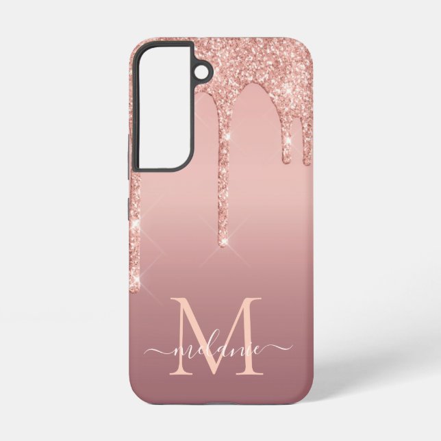 Name Letter Personalized Rose Blush Glitter Drips Samsung Galaxy Case (Back)