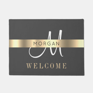 Name & Lg Monogram, Message, Dark Grey White Gold Doormat