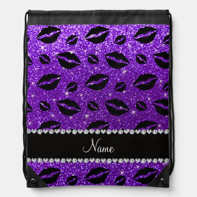 Name lipstick kisses indigo purple glitter drawstring bag (Front)
