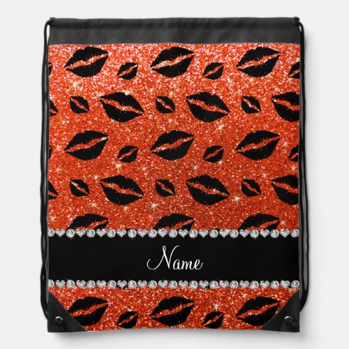 Name lipstick kisses neon orange glitter drawstring bag