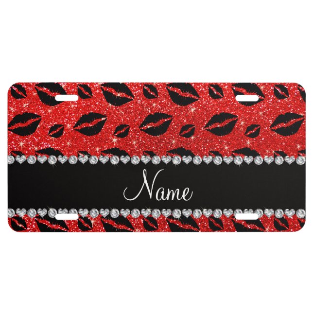 Name lipstick kisses neon red glitter license plate (Front)