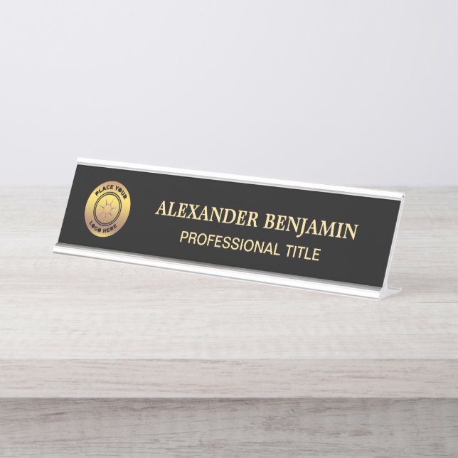 Name Logo Black Gold Professional Modern Desk Name Plate (Front)