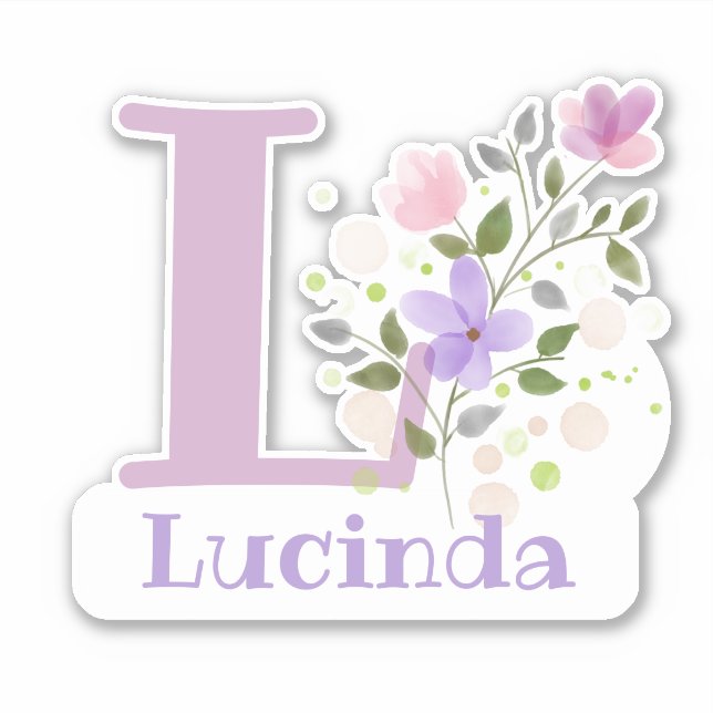 Name Lucinda & Initial with Floral Design Sticker (Front)