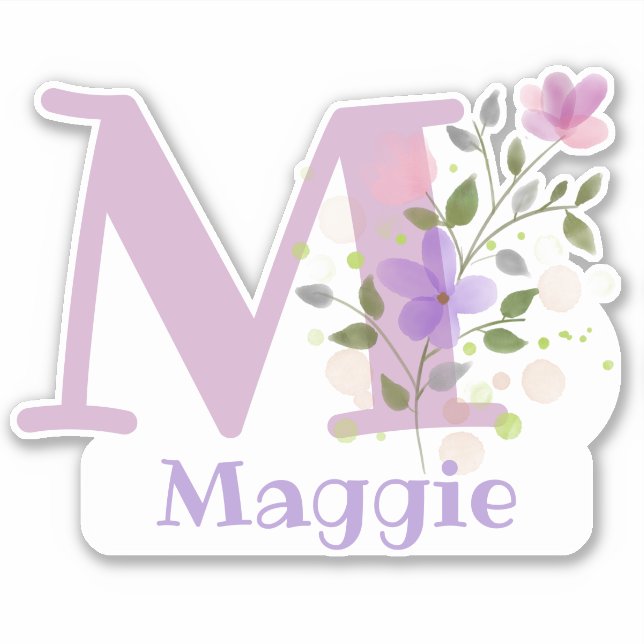 Name Maggie plus Initial with Floral Design Sticker (Front)