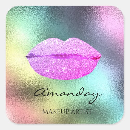 Name Makeup Artist Rose Lips Pink Holographic Square Sticker