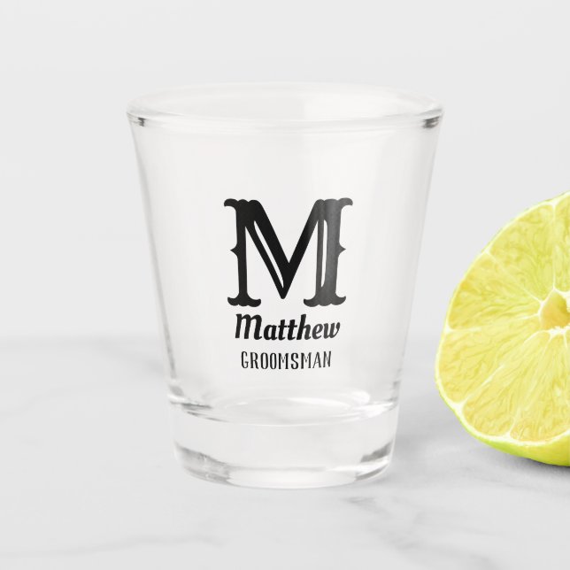 Name Masculine Groomsman Classic Weddings Simple Shot Glass (Front)