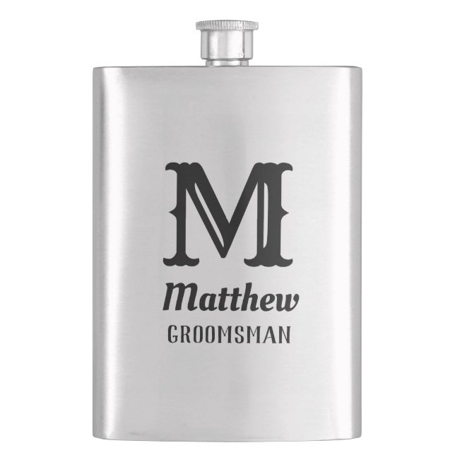 Name Masculine Monogrammed Classic Weddings Black Flask (Front)