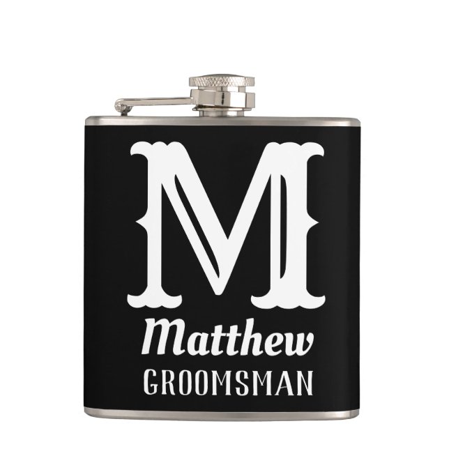 Name Masculine Monogrammed Classic Weddings Black Flask (Front)