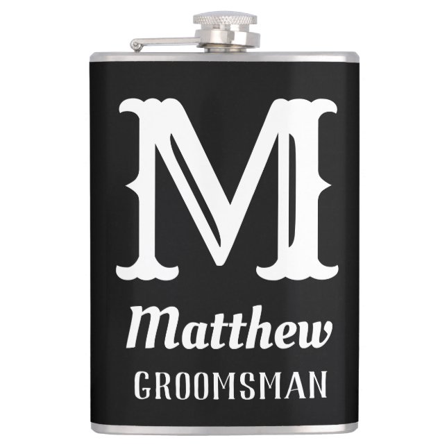 Name Masculine Monogrammed Classic Weddings Black  Flask (Front)