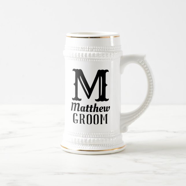 Name Masculine Monogrammed Groom Weddings Black Beer Stein (Right)