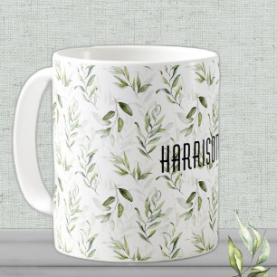 Name, Masculine Watercolor Greenery 11 oz. Classic Coffee Mug