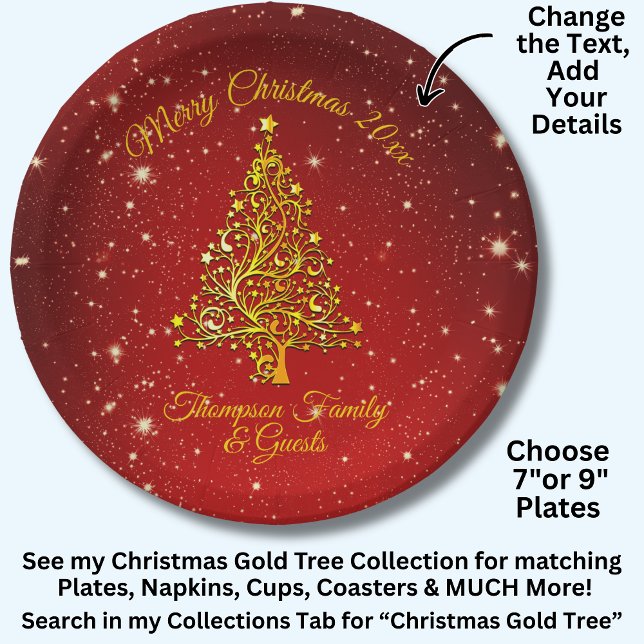 Name Matching Set Christmas Red Gold Tree Stars 7" Paper Plates (Creator Uploaded)