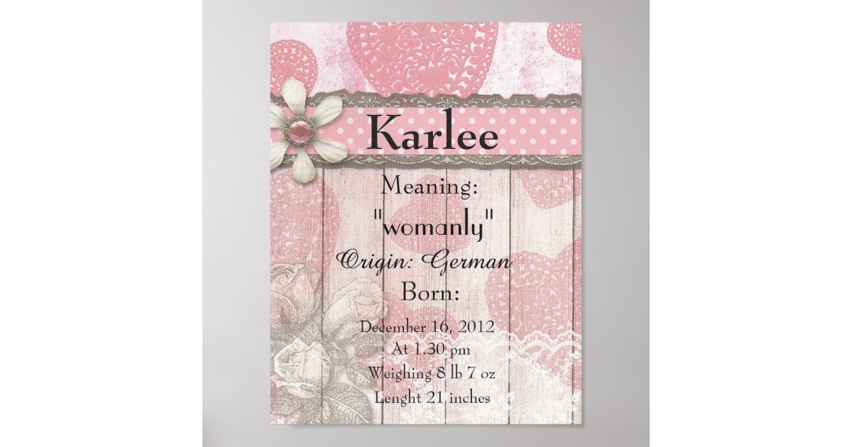 Name meaning keepsake nursery Karlee Poster Zazzle