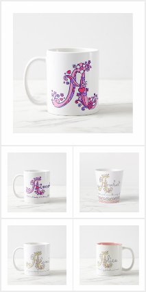 Name meaning mugs with letters flowers & hearts 