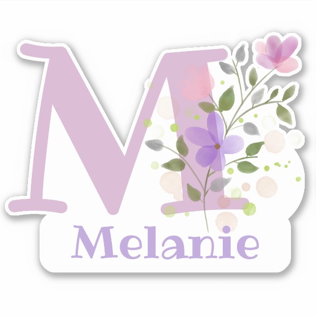 Name Melanie & Initial with Floral Design Sticker (Front)