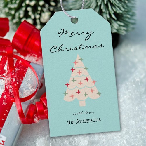 Name Merry Christmas Mid_Century Retro Tree Gift Tags