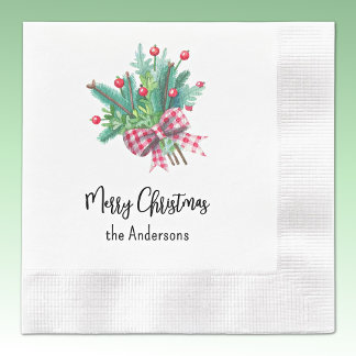 Name, Merry Christmas Red and Green Party Paper Napkins