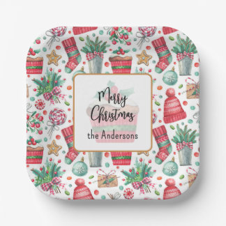 Name, Merry Christmas Red and Green Party Paper Plates