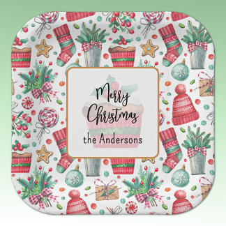 Name, Merry Christmas Red and Green Party Paper Plates