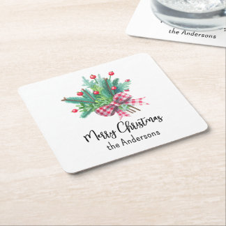 Name, Merry Christmas Red and Green Square Paper Coaster