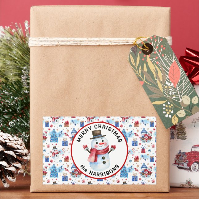 Name, Merry Christmas, Retro Snowman Pattern Rectangular Sticker (Holiday)