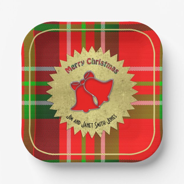Name - Merry Christmas Typography Red Green Tartan Paper Plates (Front)