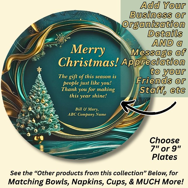 Name Message Company Green Gold Christmas Tree 7" Paper Plates (Creator Uploaded)
