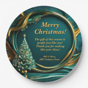 Name Message Company Green Gold Christmas Tree 9" Paper Plates