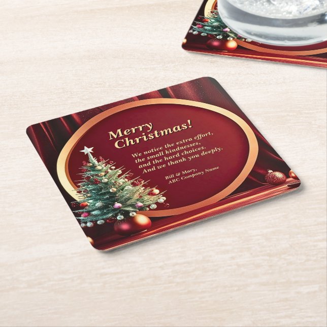 Name Message Company Red Gold + Christmas Tree  Square Paper Coaster (Angled)