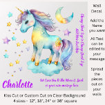 Name & Message, Mauve Blue Gold Unicorn Moon Stars Wall Decal<br><div class="desc">Mauve Blue Gold Unicorn with Moon & Stars - Add a Name or other details - Change the size of these decals by changing the size of the Decal Sheet - 4 sizes - from 12" x 12" to 36" x 36" - - These ones are printed on a transparent...</div>